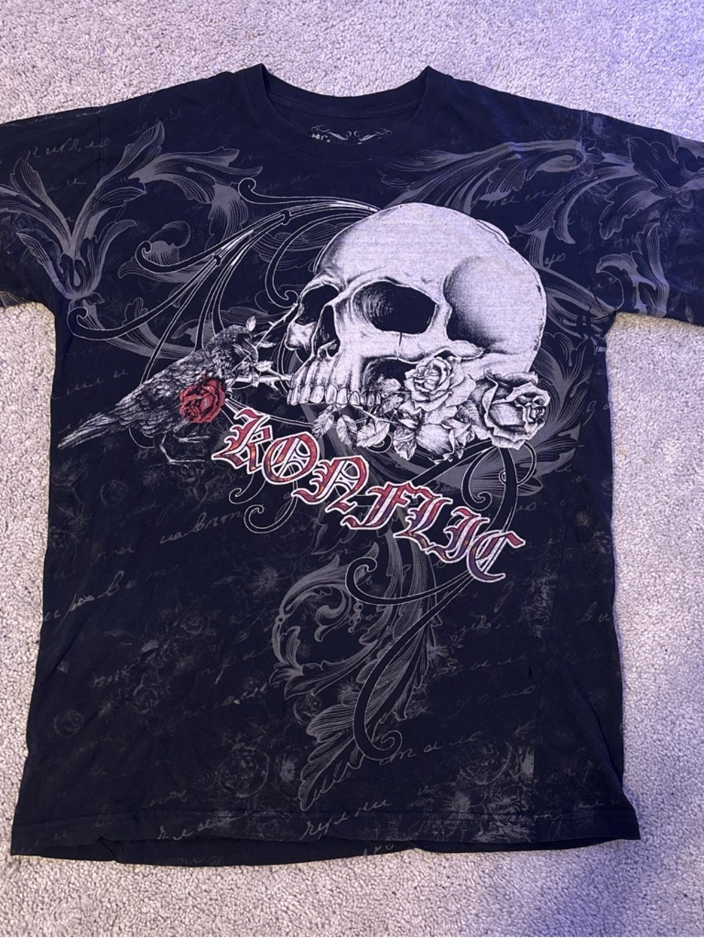 Konflic Graphic Skull Tee in Black with White & Red Accents